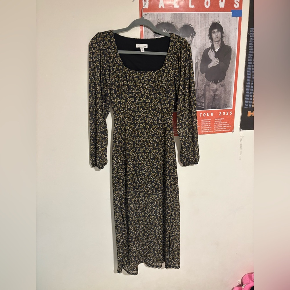Topshop Black and Green Floral Long Sleeve Dress size 2 - Picture 2 of 8